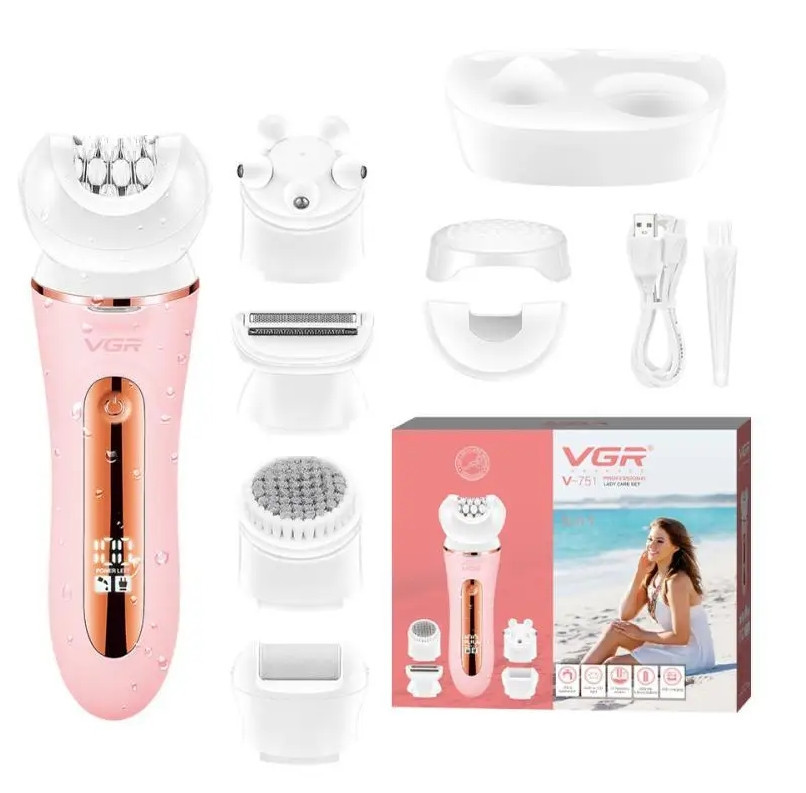 Епілятор жіночий 5в1 VGR V-751 IPX6 (бритва, пемза, масажер, щітка) 5 насадок Рожевий Київ - фото 1