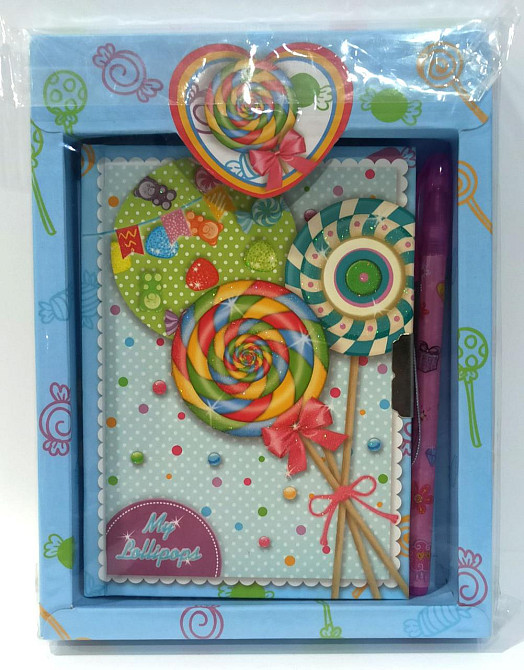 Блокнот дитячий на замочку в подар.коробочці з ручкою 150x110mm, 70g, 56 л, льодяники, шт Київ - фото 1