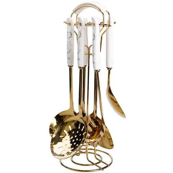 Набір кухонного приладдя 7 предметів на підставці столові прилади з нержавіючої сталі Золото з білим HP-20-7 Коломия