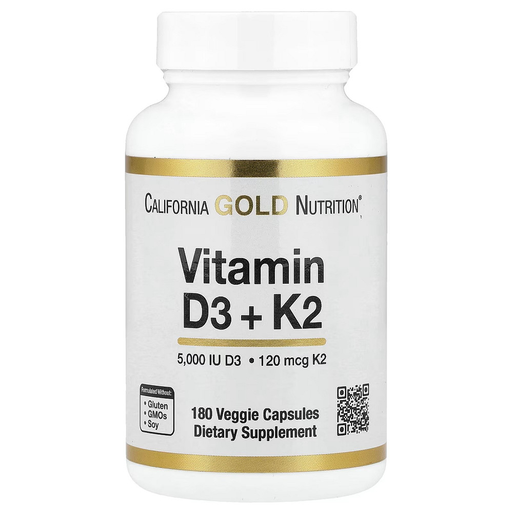 Комплекс витаминов D3 и K2 California Gold Nutrition Vitamin D3 + K2 as MK-7, 180 Veggie Capsules Луцк - изображение 1