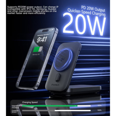 Батарея универсальная Choetech Magnetic Wireless 10000mAh 20W, PD, Qi-2 15W, USB-C, Lightning, Apple Watch charger (B750-CCBK) Винница - изображение 4