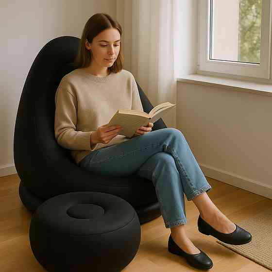 Надувное кресло с пуфиком 2в1 (116х98х83см, до 100кг) Air Sofa + насос, Черный Київ