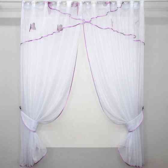 Кухонные шторы VR-Textil № 091к с ламбрекеном и подвязками сиреневый с белым 280х170 см (59-834) Киев