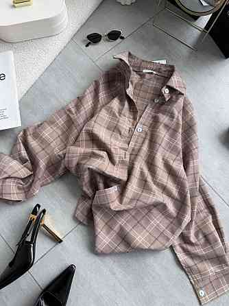 Женская трендовая оверсайз рубашка в клетку костюмный тиар Беж Одесса