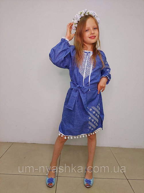 Дитяча сукня-вишинка вишите плаття "Джинс-помпони" на зріст 104-158 Кривий Ріг - фото 6