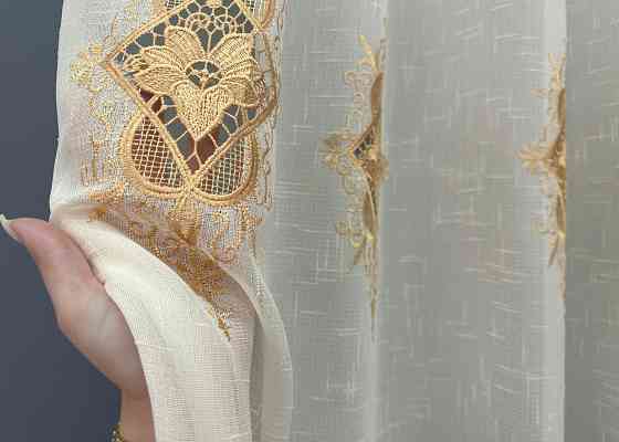 Тюль VR-Textil 1805т Лен с кружевом Молочный с золотистым 300х270 см (40-107) Киев