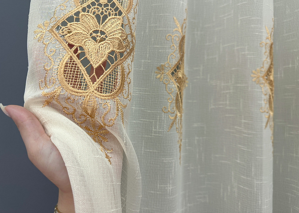 Тюль VR-Textil 1805т Льон з мереживом Молочний з золотистим 300х270 см (40-107) Київ - фото 4