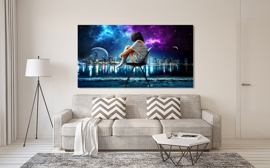 Картина холст в гостиную / спальню   Дівчина в нічному місті   MLP_347 70x140 см Киев - изображение 2