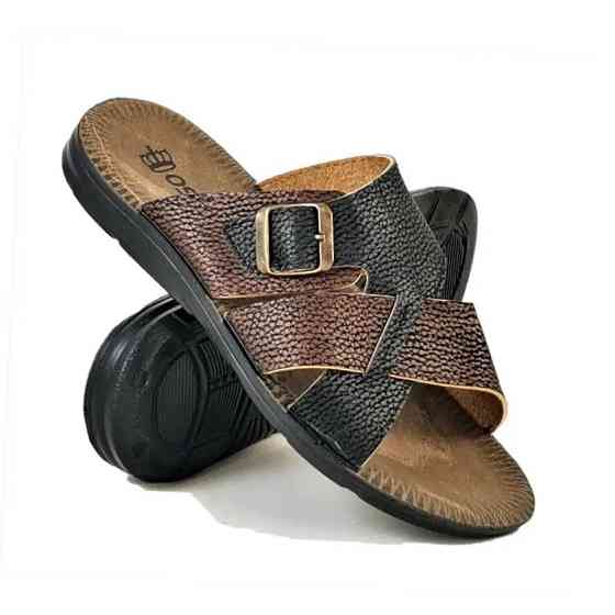 Мужские Шлёпанцы Тапочки Сланцы Чёрные с Коричневым Кожаные (размеры: 41,42,43,44) Днепр