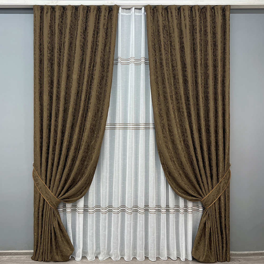 Комплект штор VR-Textil Льон Мармур 200х270 2шт і Тюль 500х270 1261ш-1429т Коричневий з білим 71-176/6 Київ - фото 1