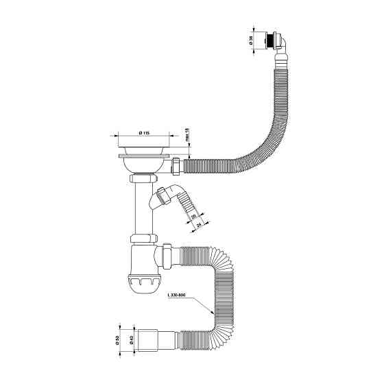 TAU Сифон для кухонной мойки с пластиковым выпуском 3½" выводом под стир. машину круглым перели Київ