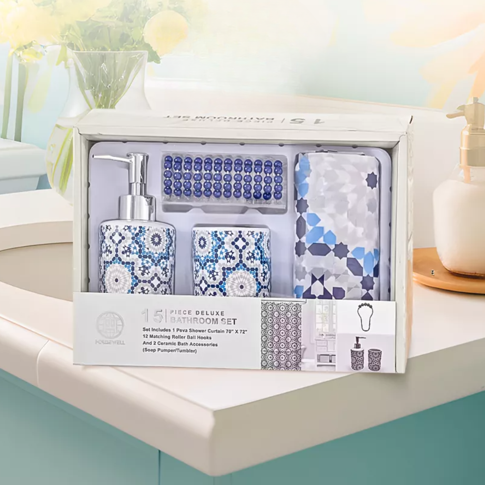 Шторка для ванной и душа набор аксессуаров и ванных принадлежностей: шторка,стакан для щеток,дозатор для мыла Каменец-Подольский - изображение 1