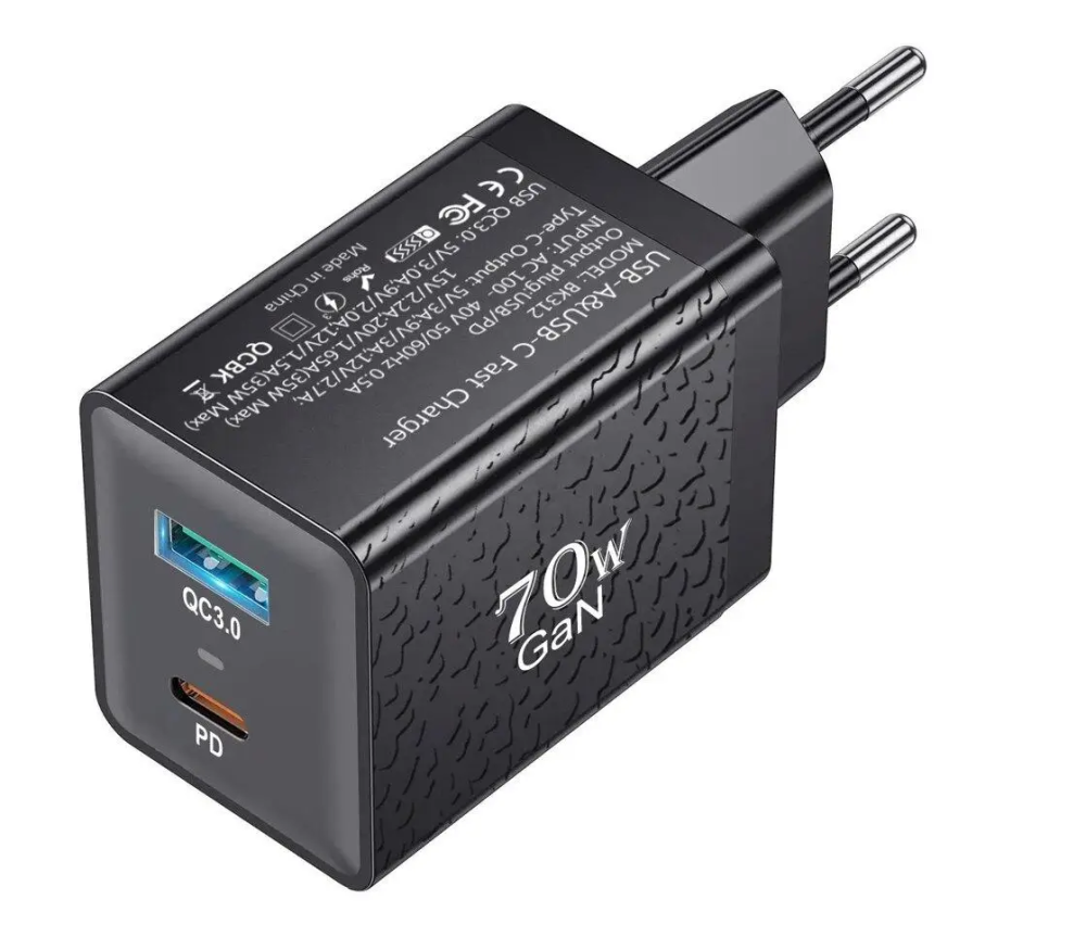 Зарядний пристрій GaN BK312 USB Type-C 70W Quick Charge 3.0 Чорний Київ - фото 1