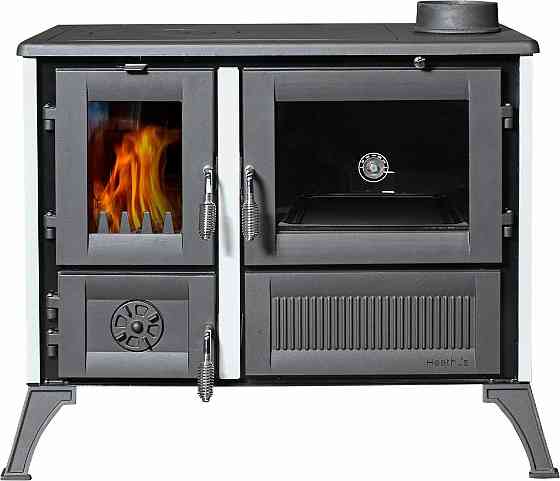 Піч-кухня чавунна Hosseven 4013 з духовкою та варильною поверхнею 8 кВт до 60 м2 опалювально-варильна біла піч на дровах Туреччина Київ