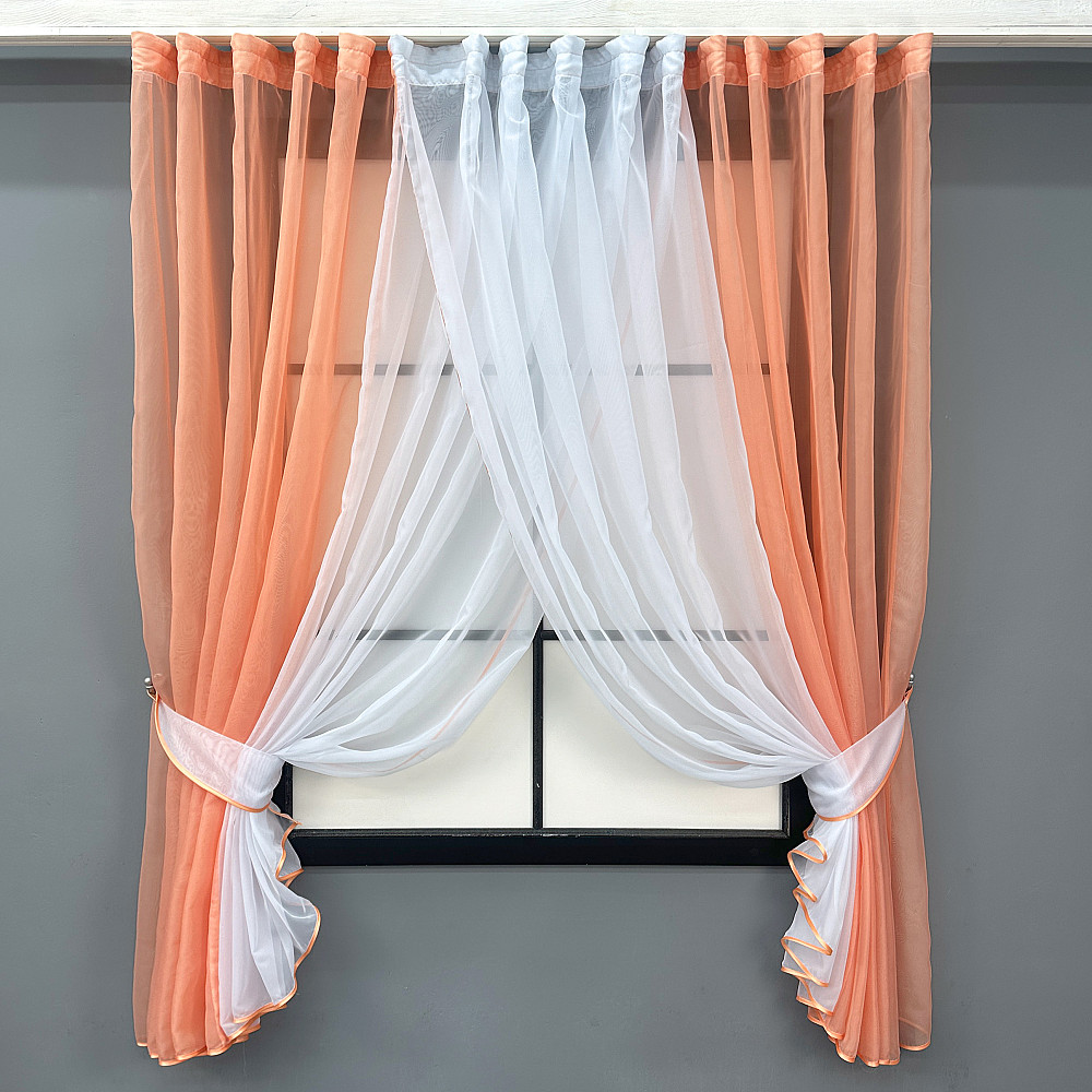 Кухонные шторки VR-Textil № 096к с подвязками персиковый с белым 400х170 см (52-1184) Киев - изображение 1