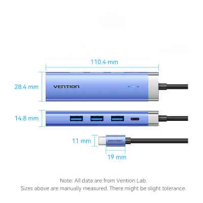 Концентратор Vention USB 3.1 Type-C to HDMI/USB 3.0x3/PD 100W Blue Aluminum Alloy Hub 5-in-1 (TGESB) Вінниця