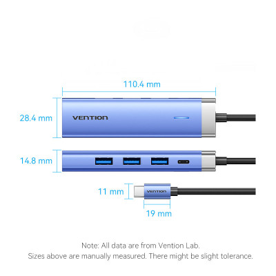 Концентратор Vention USB 3.1 Type-C to HDMI/USB 3.0x3/PD 100W Blue Aluminum Alloy Hub 5-in-1 (TGESB) Винница - изображение 6