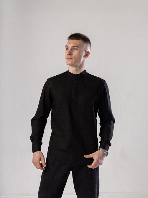 Черная мужская рубашка изо льна casual. Рубашка свободного кроя легкая черная Pobedov Exlnt Киев - изображение 2