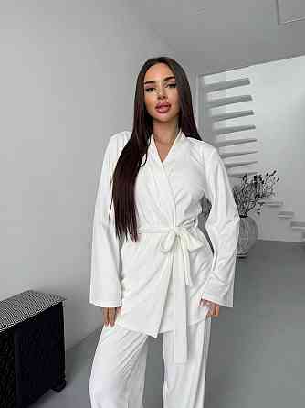 Жіночий стильний домашній костюм штани палаццо + кімоно, велюр Молочний, 46/48 Одеса