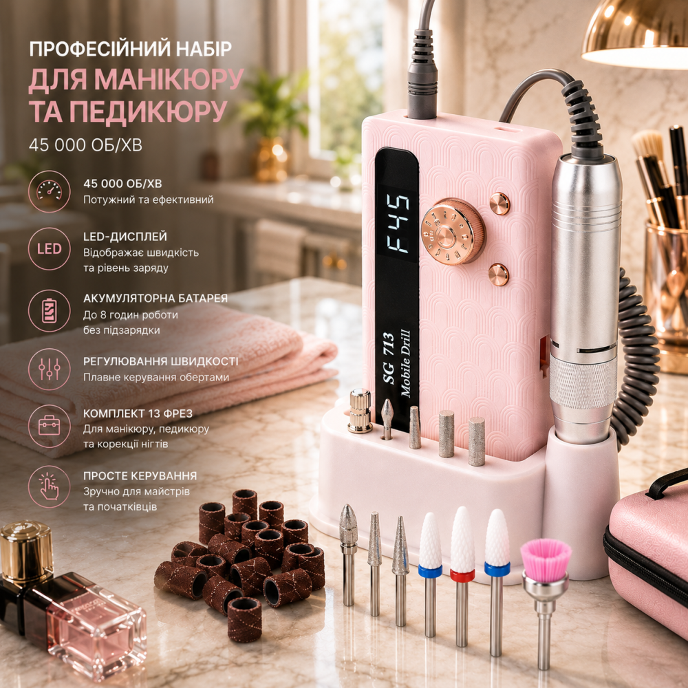 Професійний набір для манікюру та педикюру 45 000 об/хв, акумуляторна фреза для нігтів, 13 фрез, LED-дисплей, рожева Київ - фото 1