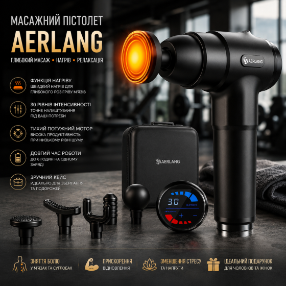 Массажный пистолет AERLANG с подогревом: перкуссионный массажер для мышц, 20 скоростей, 7 насадок, ЖК-дисплей, Кейс Киев