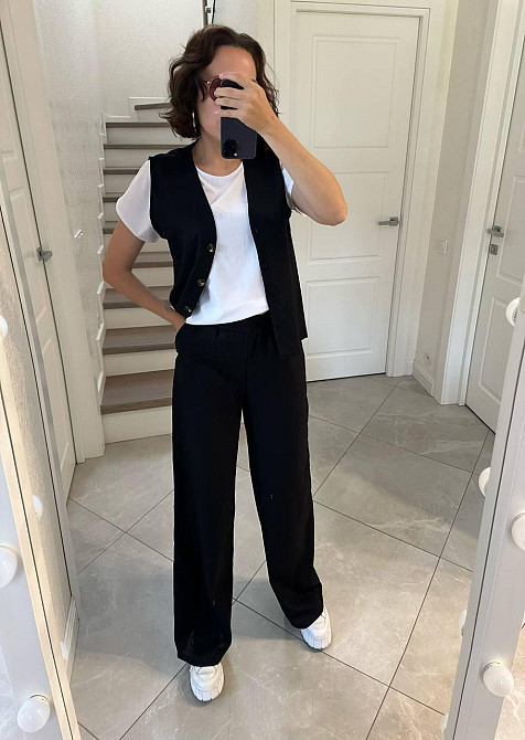 Жіночий легкий брючний костюм-трійка: жилет футболка та штани турецький натуральний льон + софт Чорний, 46/48 Одеса - фото 1