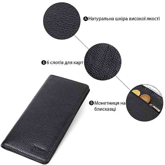 Вертикальний чоловічий гаманець із натуральної зернистої шкіри BOND 21983 Чорний Київ