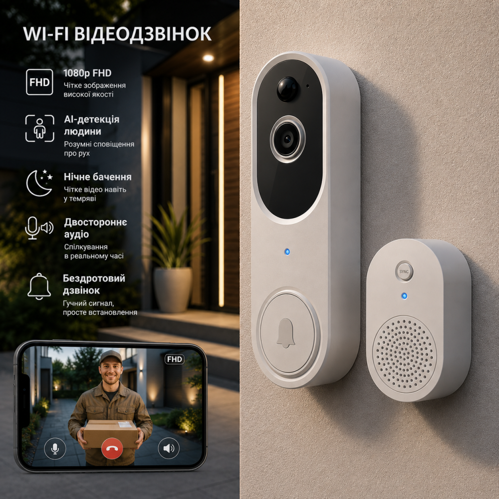 Беспроводная Wi-Fi видеокамера BITEPASS 1080p FHD, AI-детекция человека, ночное видение, двустороннее аудио, звонок Киев - изображение 1