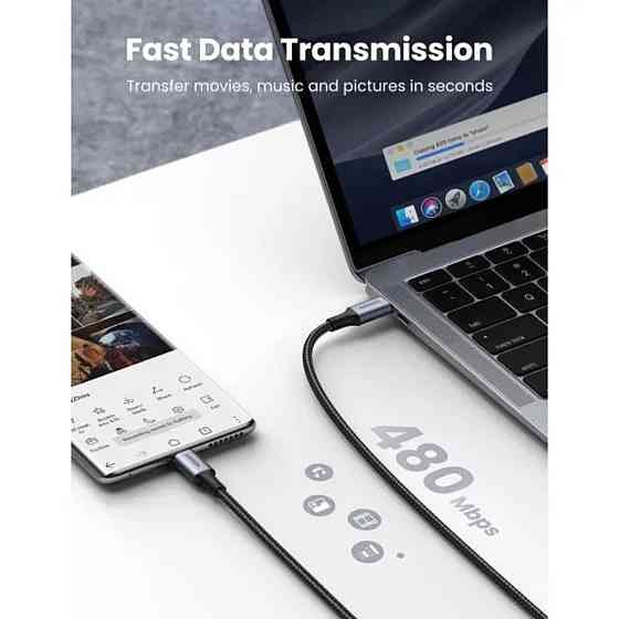 Кабель UGREEN US316 USB-C - USB-C 2.0 Cable 100W алюмінієві конектори, плетений 1.5m, колір сірий UGR-70428 Одеса