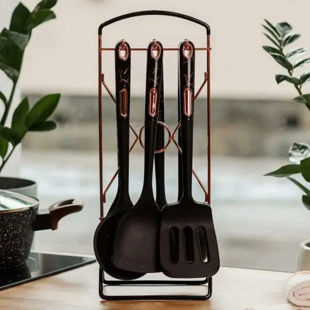 Набір кухонного приладдя на підставці 6 штук кухонні аксесуари Чорний під мармур YRUR5 Київ - фото 2