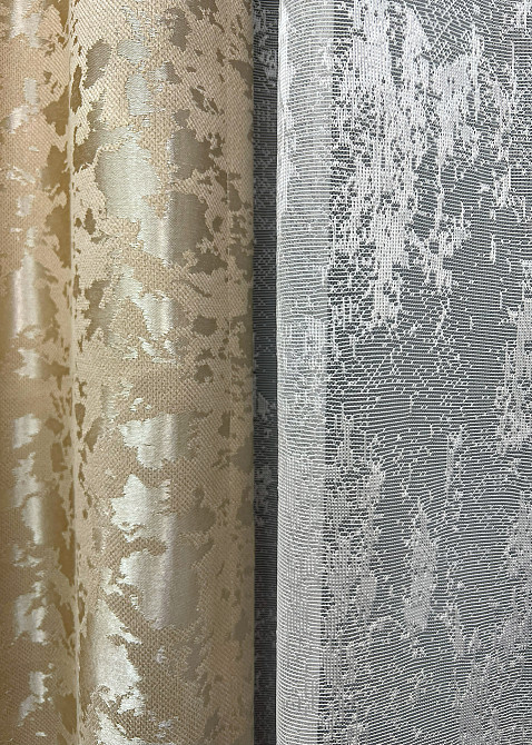 Комплект штор VR-Textil Льон Мармур 200х270 2шт і Тюль 600х270 1270ш-1400т Бежевий з білим 71-123/7 Київ - фото 5