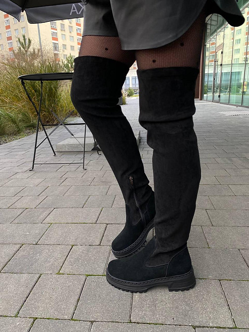 Ботфорти зимові жіночі з натуральної замші чорні на плоскій підошві, наповнювач хутро 88/1 р.41 Коломия - фото 7