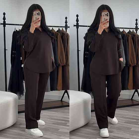 Жіночий стильний повсякденний костюм з V-вирізом двонитка Шоколад, 60/62 Одеса