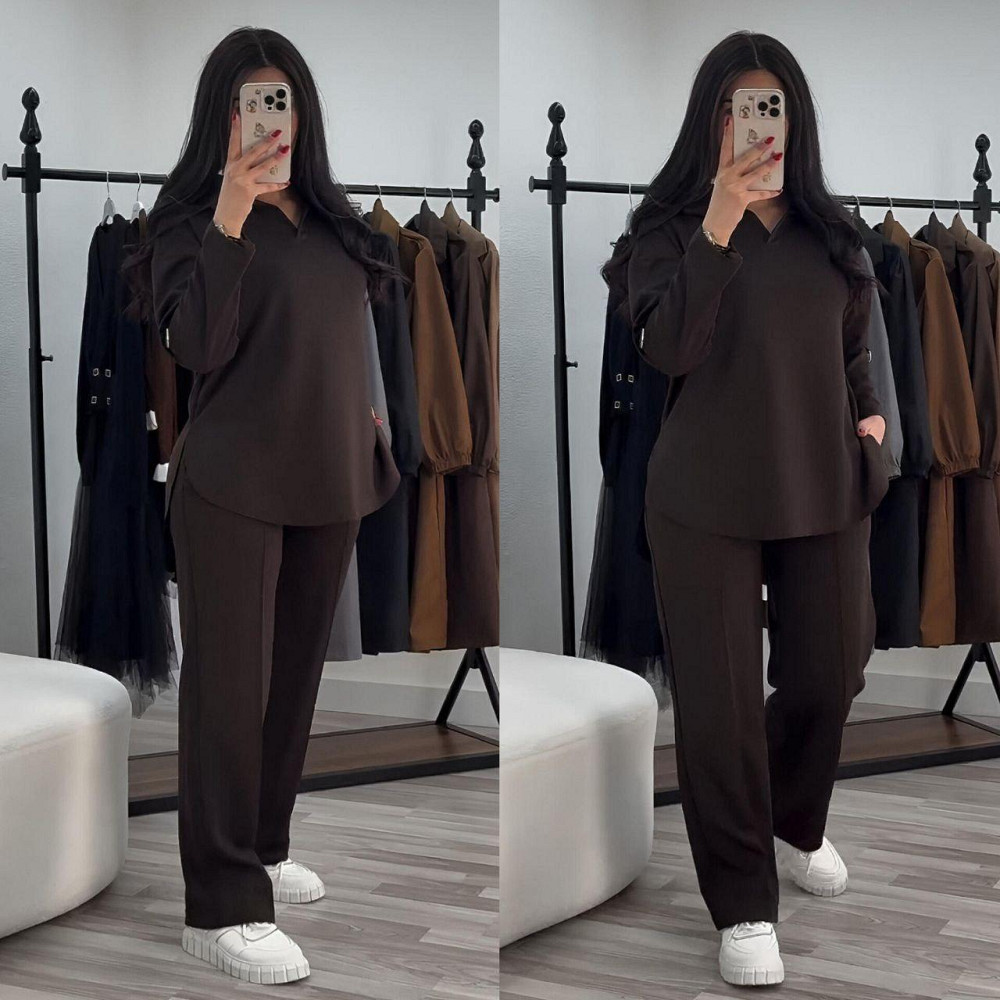 Жіночий стильний повсякденний костюм з V-вирізом двонитка Шоколад, 60/62 Одеса - фото 4