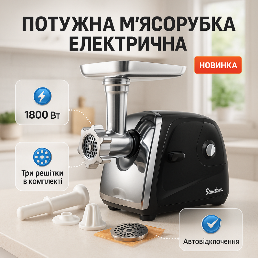 Побутова електром'ясорубка для м'яса з насадками Suntera SMG-5418B 1800 Вт, Потужні м'ясорубки побутові SC-64 Львів - фото 19