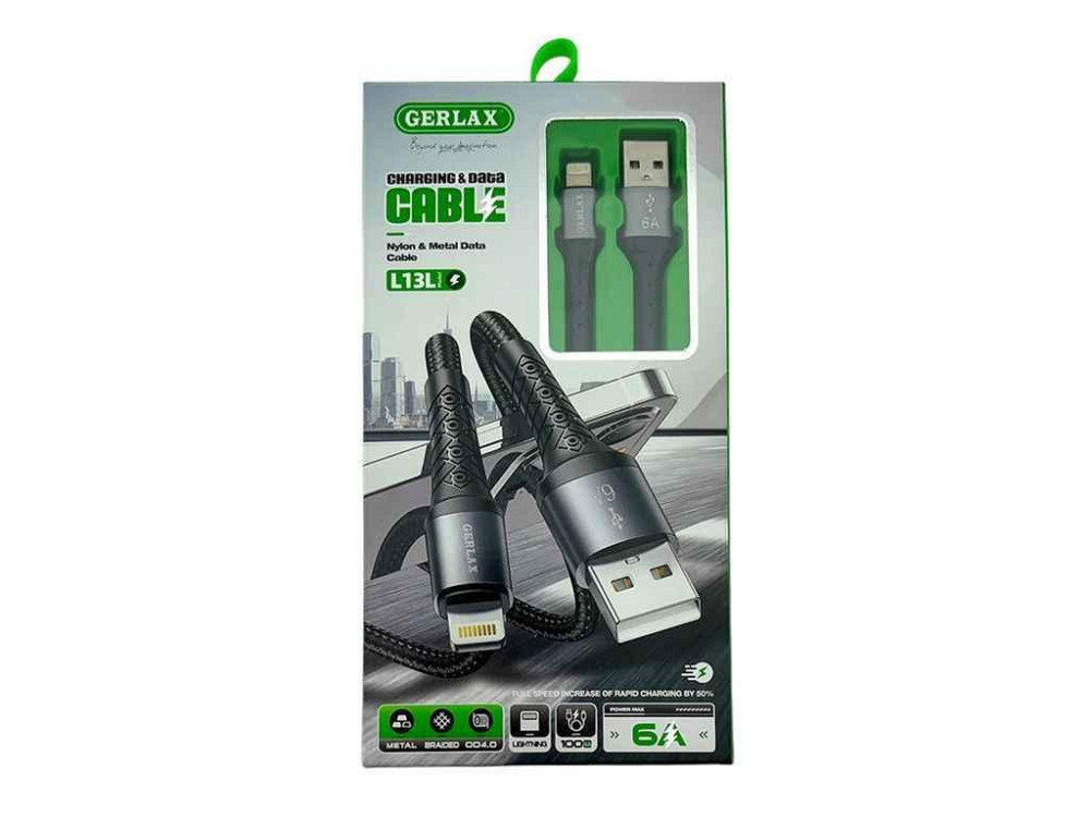 Кабель Lightning iPhone L13L 6А тканинний чорний 1м ТМ Gerlax Solmir Київ - фото 1