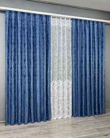 Комплект штор VR-Textil Жакард Мармур 200х270 2шт і Тюль 600х270 1149ш-1529т Синій з білим 71-182/7 Київ