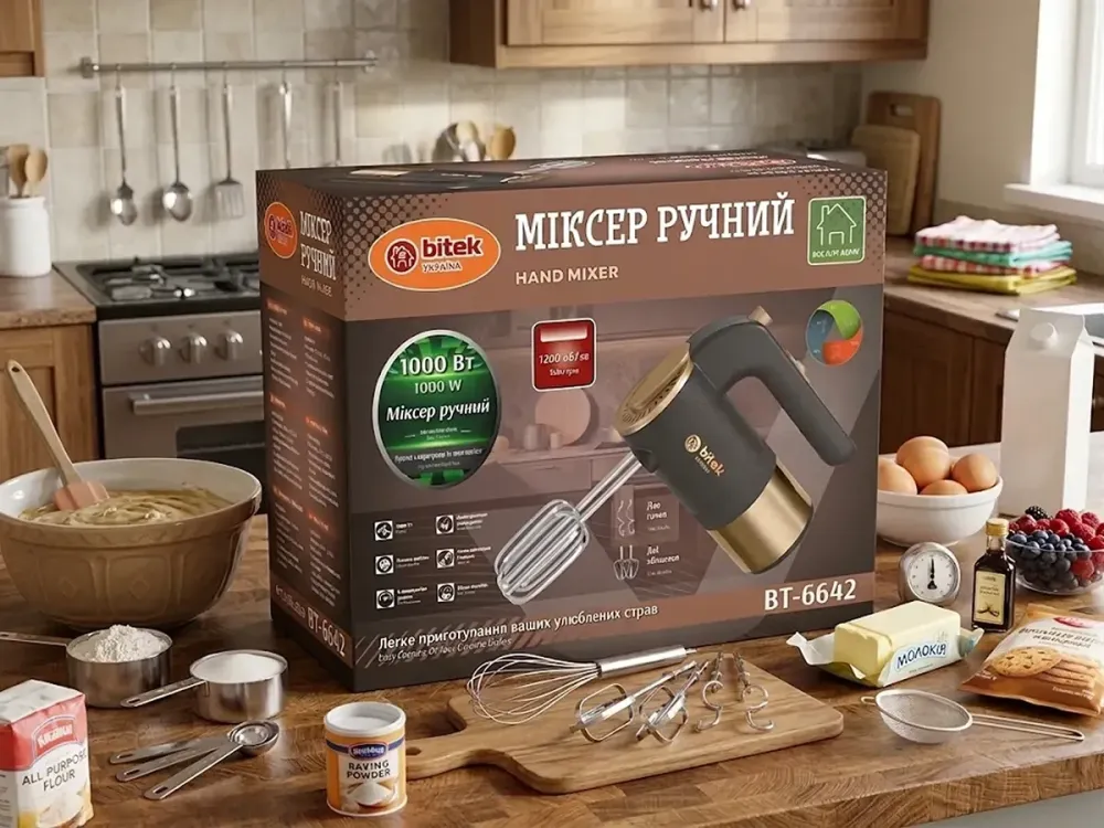 Ручной миксер BITEK BT-6642 1000 Вт, 5 скоростей, 4 насадки для взбивания и замеса теста Одесса - изображение 1