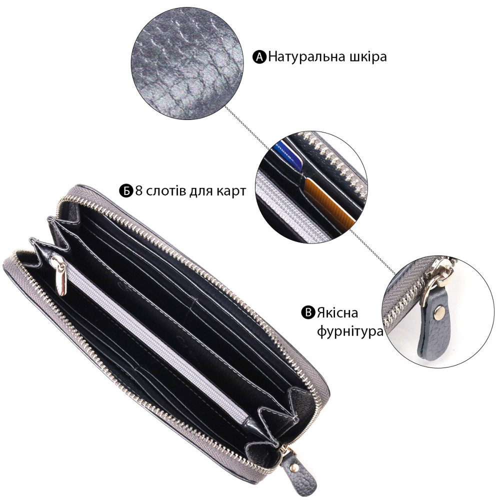 Чудовий гаманець з відливом для жінок із натуральної шкіри флотар Сірий (CANPELLINI) Київ - фото 8