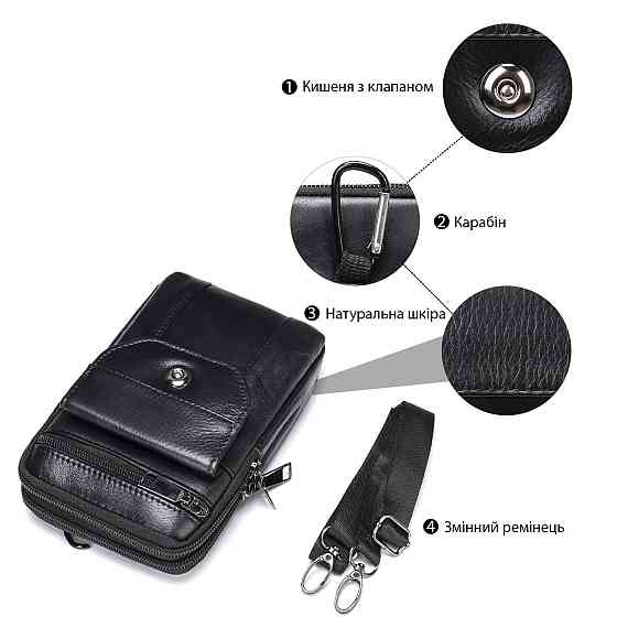 Шкіряна сумка на пояс Vintage 20358 Чорна Київ