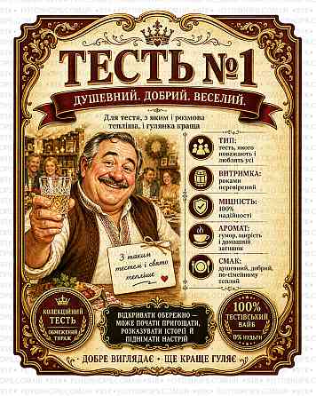 Етикетки на пляшку вина або ігристого для тестя “Тесть №1” | Прикольний подарунок тестю | Комплект етикетка + контретикетка Одеса