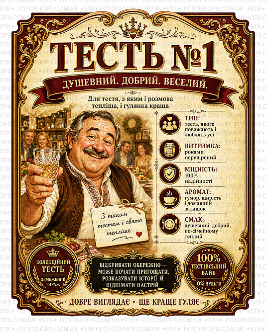 Етикетки на пляшку вина або ігристого для тестя “Тесть №1” | Прикольний подарунок тестю | Комплект етикетка + контретикетка Одеса - фото 1