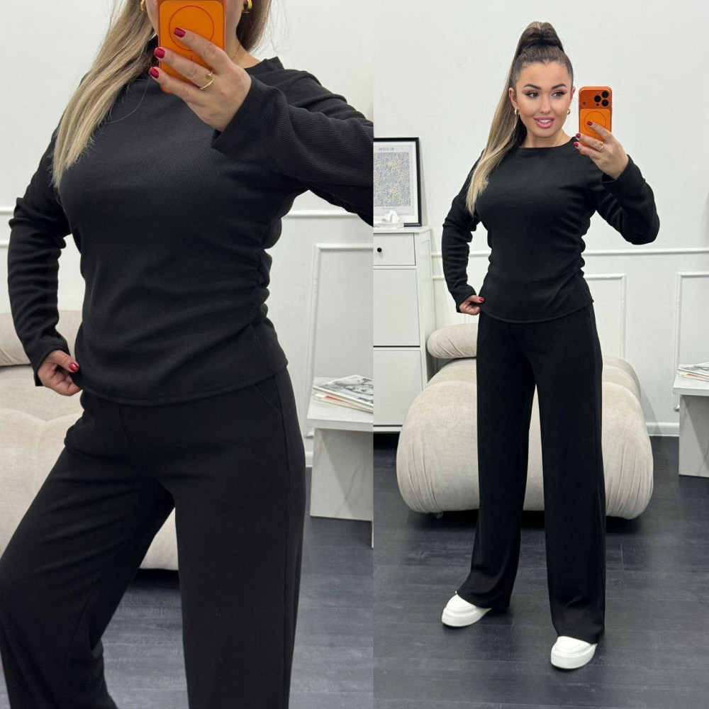 Женский базовый костюм двойка: лонгслив и штаны трикотажный рубчик Черный, 42/44 Одесса - изображение 9