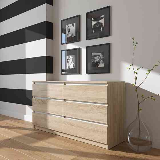 Комод VAYS R-7 Дуб Сонома-Білі планки, 6 шухляд без ручок, ЛДСП, 140×40×75 см– для дому, офісу, вітальні, спальні Львів