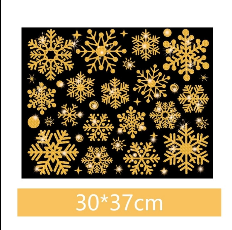 Новорічні сніжинки на вікна золоті з блискітками - розмір стікера 37*30см, силікон Київ - фото 1