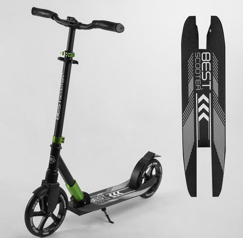 Самокат Best Scooter алюмінієвий передній амортизатор Чорний із зеленим (93427) Чернигов - изображение 1