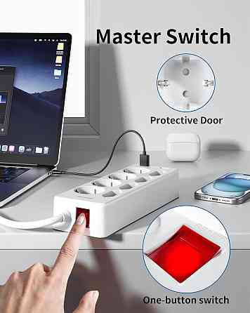 Подовжувач на 8 розеток 2*USB, 1*Type C із захистом від перенапруги Sameriver ZYC52 Луцк