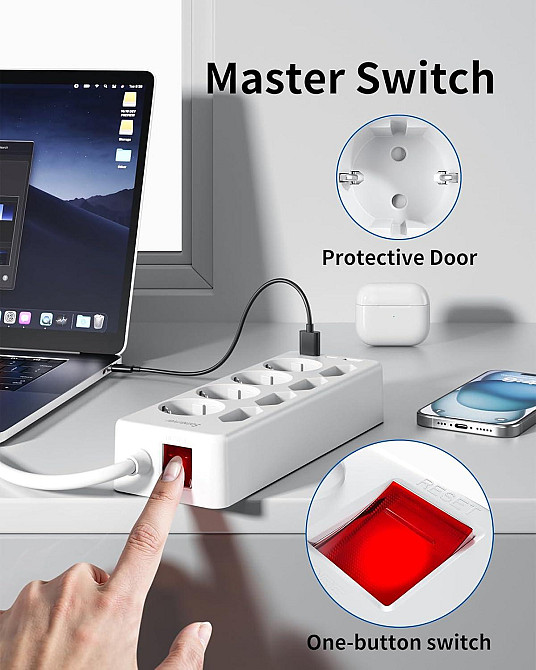 Подовжувач на 8 розеток 2*USB, 1*Type C із захистом від перенапруги Sameriver ZYC52 Луцк - изображение 3