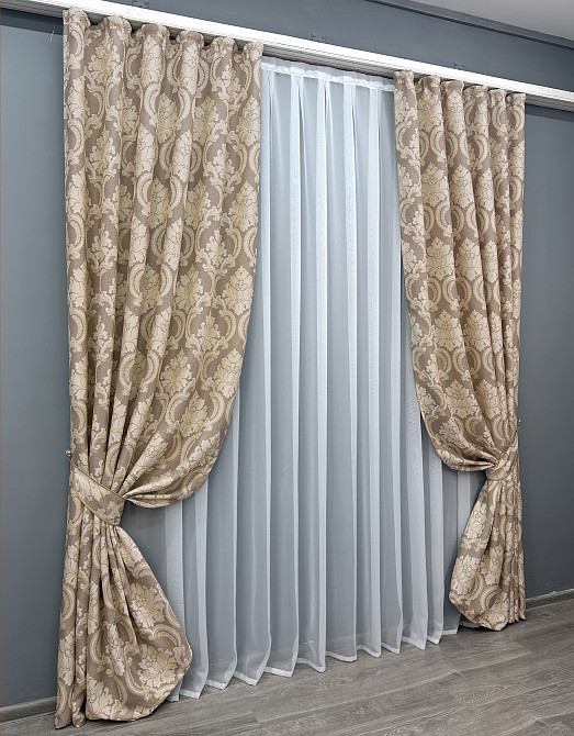 Комплект готовых штор VR-Textil Лен Корона Мария № 1269ш Капучино с бежевым 100х270 см 2 шт (31-502) Киев - изображение 3