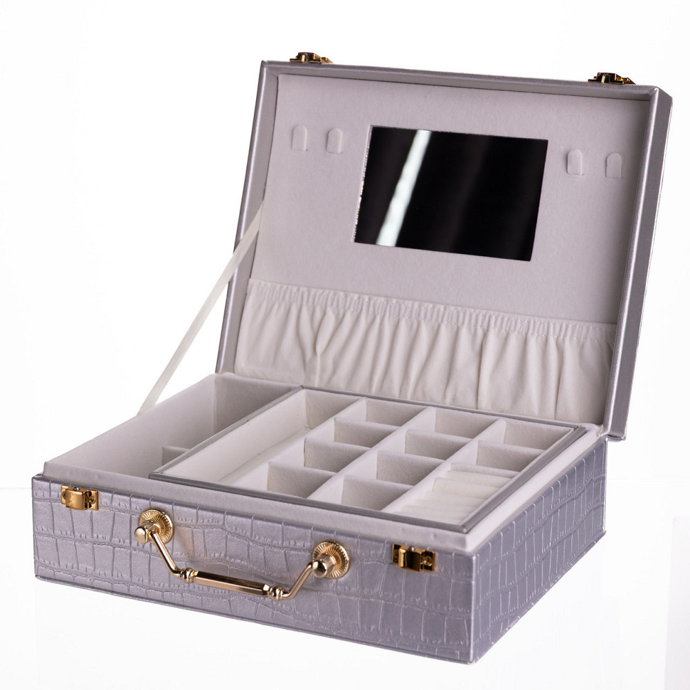 Скринька для прикрас з еко шкіри 19 відділень з дзеркалом 23.5×14×8 см Сірий HP-5-20G Київ - фото 2